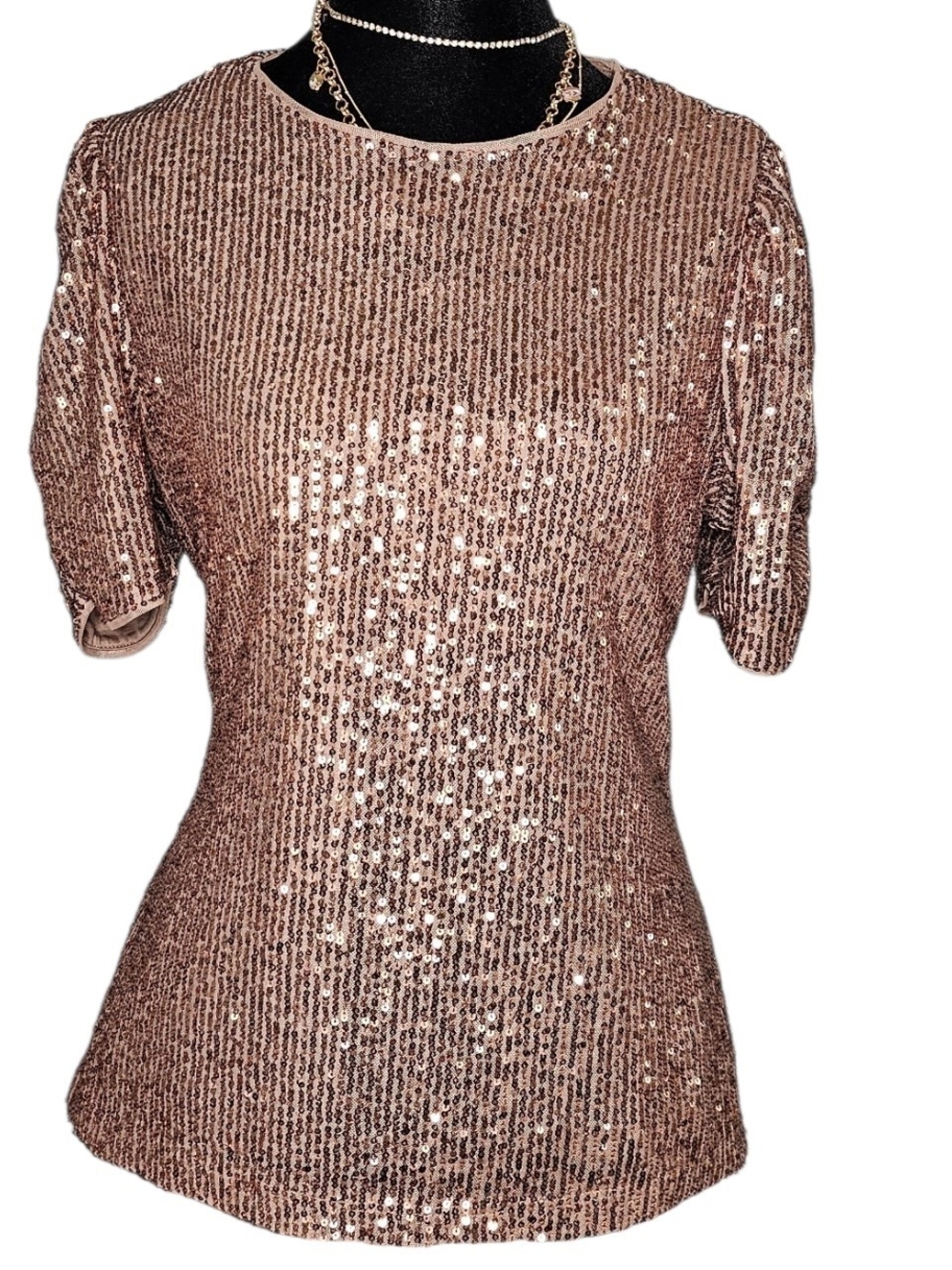 DKNY  Brown Sequin Short Sleeve Top - Size M